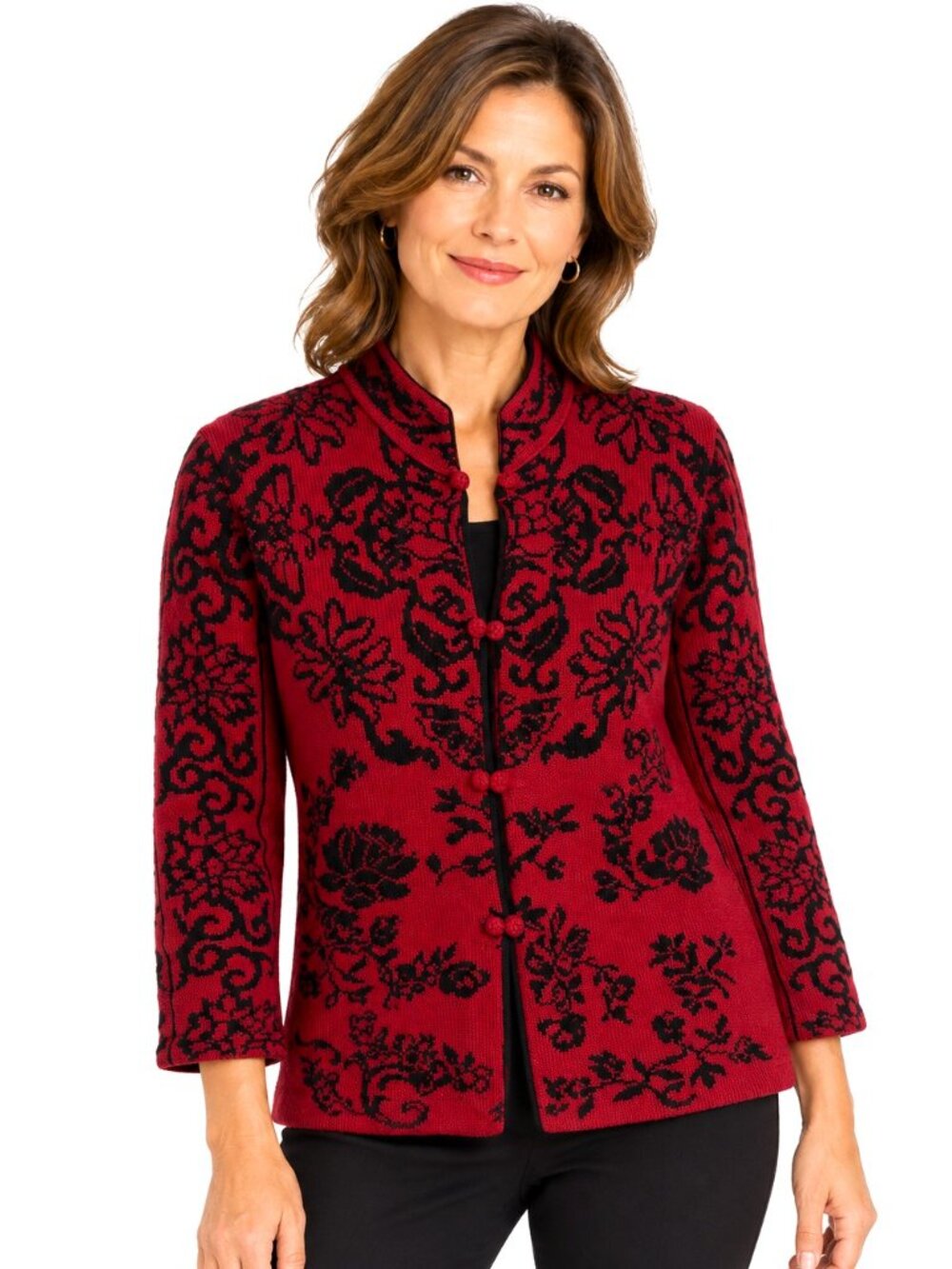 Millma Bolivia Burgundy Red Black Floral Alpaca Knit Cardigan